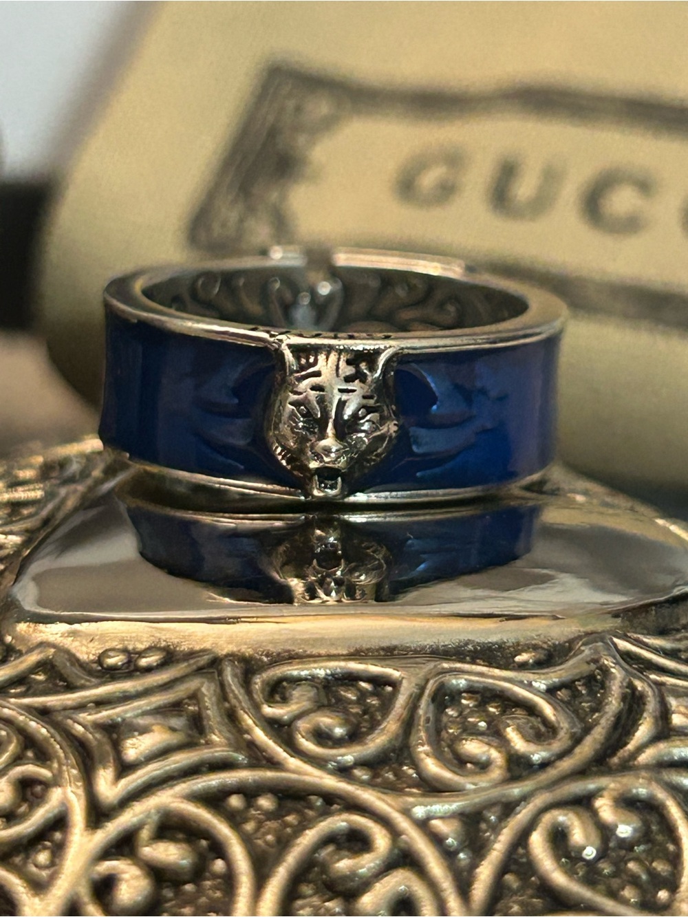 Gucci Navy Blue Enamel Tiger Head Ring on SS 925